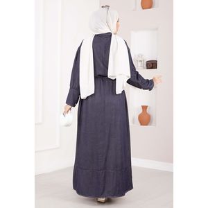 Robe en denim Tencel bleu marine décontractée, demi-boutonnée, ceinturée, style simple, silhouette droite, pour l'hiver - Product Image 4