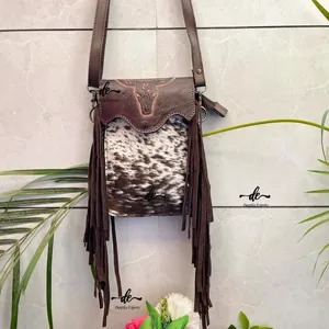 New Design Phone Purse Handbag Real Cowhide Fur Fringe Hand Tooled Carving Sling Bag Small Size Bags Wristlet Pouch Sling Bag