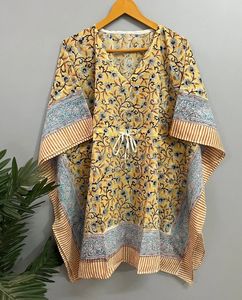Jaipuri estampado de algodón hecho a mano caftán vestido largo playa cubierta Maxi Kimono bata estilo Casual flor bloque impreso ropa de dormir Natural - Product Image 2