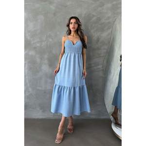 Vestido Casual Largo de Lino Azul con Tirantes y Cuello en V Topshow, Producto al por Mayor - Product Image 3