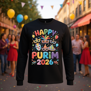 Maglietta Promozionale a Maniche Lunghe con Maschera e Palloncino per Feste di Purim 2026 - Product Image 3