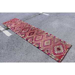 Turkish Vintage Rug, 2.6x10 ft <b>Runner</b> Rug, <b>Red</b> Pink Check Rug - Product Image 2