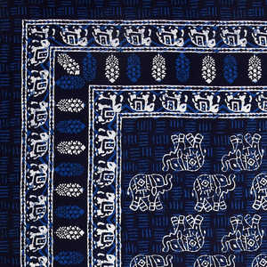 Nappe en coton pur imprimée à la main au Rajasthan, motif éléphant bleu, 6 places, 150x225cm - Product Image 6