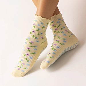 JZVINA Women Pilates Crew Socks Floral Print Ruffle Cuff Anti <b>Slip</b> Silicone Grip Yoga Training Floor Socks Custom Logo - Product Image 2