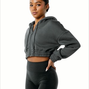 OEM personalizado de peso pesado de gran tamaño de lana caída del hombro en blanco recortada sudaderas con capucha de las mujeres sudadera - Product Image 3