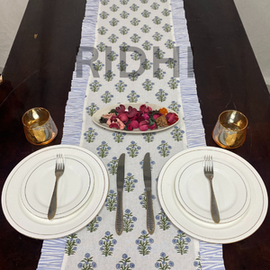 Handmade High Quality Customizable Light <b>Blue</b> Floral Cotton Ruffle Indian Block Printed Decorative Table <b>Runner</b> Use Home Hotel - Product Image 2