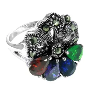 Romantic Trendy <b>Silver</b> Marcasite <b>Statement</b> <b>Ring</b> for Women Gold & Rose Gold Plated Inlay Gemstones Children Friendly - Product Image 1