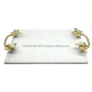 Plateau de service en marbre décoratif en pierre naturelle, Rectangle en marbre blanc, plateau en marbre pour bijoux avec poignées en feuilles dorées - Product Image 4