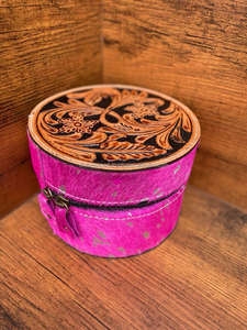 Boîte à bijoux ronde en cuir repoussé de qualité supérieure boîte à bijoux Cowgirl rose occidental pour femmes boîte à bijoux de voyage en cuir gravé - Product Image 2