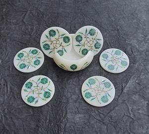 Handcrafted White <b>Marble</b> Inlay Tea Coasters Set Of 6 Natural Stone Crystal Drink Coasters - Product Image 3