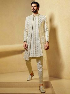 NEW ELEGANT and BEAUTIFUL EMBROIDERY on SHERWANI WITH SILK FABRIC & ALSO MATCHING SHOE WITH DRESS for PARTY-WEAR/WEDDING @ 2023 - Product Image 2