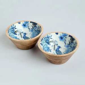 Juego de Cuencos Redondos de Madera con Estampado de Pájaro Azul, Pequeños, con Interior Esmaltado, para Aperitivos, Tapas y Otros Bocadillos - Product Image 1