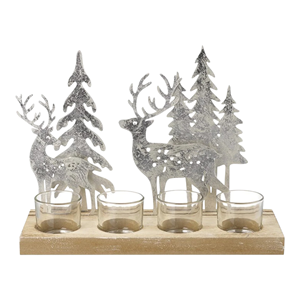 Portavelas de Aluminio Plateado con Forma de Ciervo y Base de Madera de Mango |   Portavelas de 4 Cristales |   Decoración Festiva y Navideña para el Hogar - Product Image 6