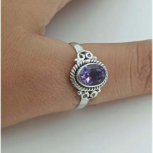 Handmade Dainty Amethyst Oval Sterling Silver <b>Ring</b> with Inlay Boho <b>Statement</b> Gift for Her on Birthday Anniversary Christmas - Product Image 5
