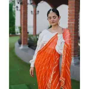 Sari Leheriya con Lápiz Labial Naranja para Mujer, Conjuntos de Mujer - Product Image 3