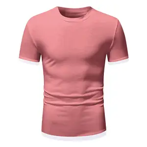 도매 남자의 컬러 블록 하이 스트리트 더블 컬러 하단 슬림 핏 100% 면 저지 체육관 운동 스포츠 소년의 티셔츠