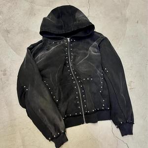 Sudadera con capucha holgada de gran tamaño personalizada para hombre, ropa informal desteñida al sol con lavado ácido, remache Vintage, diamantes de imitación, cremallera, hombro caído para invierno - Product Image 4