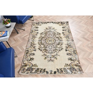 พรมตุรกี, พรมวินเทจขนาด 4.7x6.8 ฟุต, พรมขนสัตว์ลายพรางสีเบจ - Product Image 4