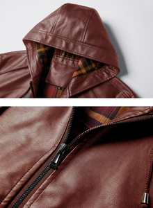 Blouson en cuir à capuche pour homme 2026, couleur unie, fermeture éclair, décontracté, coupe ajustée, manches classiques, pour l'automne - Product Image 3