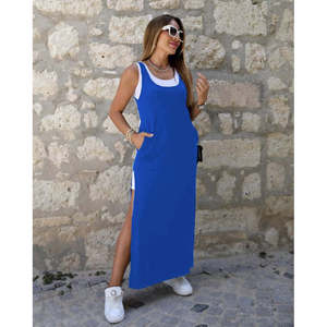 Ensemble robe et débardeur en viscose à bretelles et col rond pour femme, avec poches et fente décorative, 36849 - Bleu Saks - Product Image 2