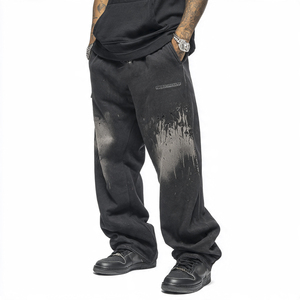 Pantalons de survêtement baggy pour hommes, style streetwear, jambe droite, vintage, délavé au soleil, avec strass, en molleton, pantalons de jogging tendance - Product Image 3