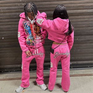 Custom Cotton Fleece Joggers 2 Piece Puff Print Silk Screen Oversized Full Face Zip up Hoodie Flared <b>Pant</b> Tracksuit Set <b>Men</b> - Product Image 3