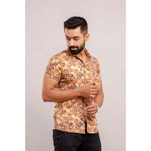 Chemise décontractée en coton pour homme, à manches courtes, col montant, imprimé floral jaune, en popeline respirante, style western, pièce unique ODM - Product Image 3
