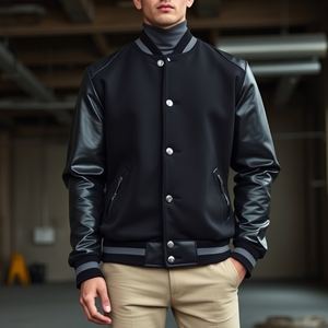 Chaqueta universitaria negra personalizada con parche bordado, diseño OEM para niños, Mangas de cuero, pedido a granel, hecho en Pakistán, MOQ bajo - Product Image 3