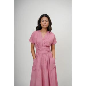 Robe d'été pour femmes, rose, manches courtes, longueur au sol, col en V, style enveloppant, couleur unie, décontractée, ample, naturelle, lavable - Product Image 2