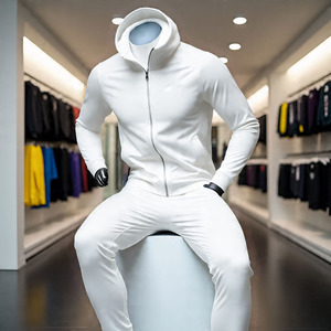 Men's <b>White</b> Hooded <b>Tracksuit</b> Full Zipper Sporty Style Quick Dry Spandex Polyester Regular Fit Spring Solid Color Side Pockets - Product Image 1