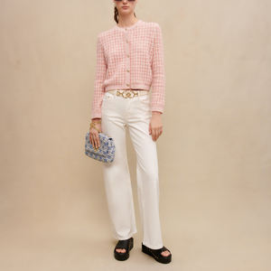 Vente en gros, <span class=keywords><strong>pull</strong></span> cardigan en tricot à manches longues droit <span class=keywords><strong>rose</strong></span> à carreaux et à paillettes brillantes pour femmes - Product Image 1