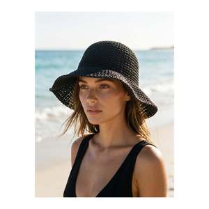 Black Imported Hand-Woven Straw <b>Hat</b> Hsr2083 - BLACK - Product Image 3