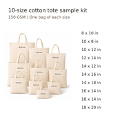 Kit d'échantillons de sacs fourre-tout en coton, 10 tailles, 150 GSM, sacs de courses réutilisables en toile, impression sérigraphique personnalisée, vente en gros