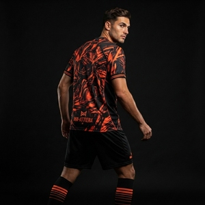 ชุดเสื้อฟุตบอลโพลีเอสเตอร์สีดำส้มระบายอากาศได้ดี พิมพ์ลายแบบนามธรรม ชุดทีมแขนสั้นพร้อมกางเกงขาสั้นเข้าชุด รับผลิตแบบ OEM - Product Image 4