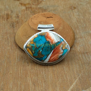 Grand pendentif en turquoise cuivre orange bleu, pendentif en argent sterling 925 fait à la main, collier statement, cadeau de bijoux pour homme - Product Image 4
