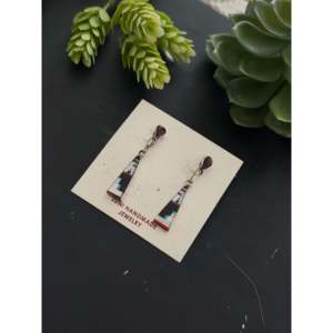 Boucles d'oreilles pendantes géométriques Zuni faites à la main en argent sterling et pierres multiples, idéales pour un cadeau - Product Image 3