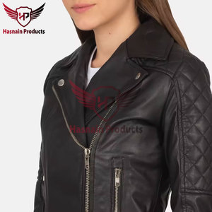 Womens Real Black Leather Biker <b>Jacket</b> Asymmetric Zip Lapel Collar Quilted Sleeve Sheepskin Coat Zip Pockets Slim Outwear New - Product Image 6