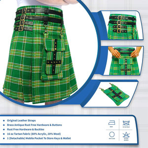Kilts Híbridos Ajustables con Tartán Verde Nacional Irlandés para Hombre con Bolsillo Frontal Desmontable 2026 - Product Image 6