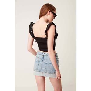 Women's Embroidered <b>Strappy</b> Short <b>Top</b> Casual Style with Square Collar Bow Size XL Fitted Skinny Knitted Fabric for All Seasons - Product Image 5
