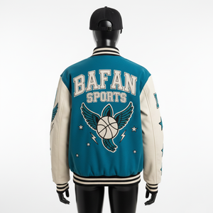 Chaqueta Universitaria de Lana para Mujer, Color Verde Azulado, Paneles de Manga Color Crema con Bordado de Chenilla, Diseño de Logotipo Personalizado, Chaquetas Universitarias para Mujer - Product Image 2