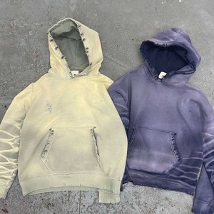 Personnalisé poids lourd 500 Gsm en détresse lavé Vintage hommes ample surdimensionné Boxy recadrée hommes acide fané déchiré à capuche - Product Image 2