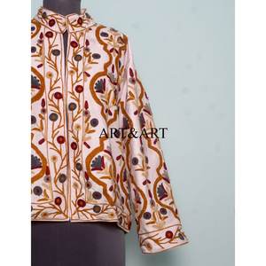 Indian Handmade Embroidered Suzani Quilted Cotton <b>Velvet</b> Fabric Long Sleeves Eco-Friendly Ethnic Customizable Design for Winter - Product Image 3