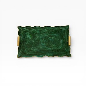 Rectangular Emerald Green <b>Resin</b> <b>Stone</b> Decorative Tray with Scalloped Edge Gold Trim and Side Handles - Product Image 1