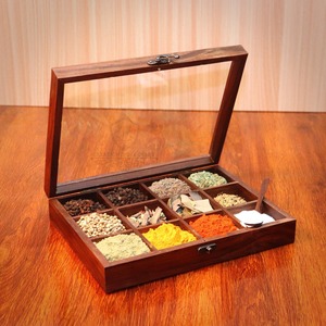 Suministros de cocina de cuatro piezas Caja de madera con tapas de vidrio Caja de madera redonda para sal y especias Herramientas para hierbas y especias - Product Image 1