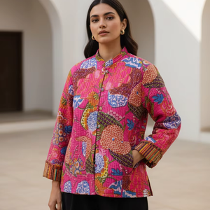 Chaqueta de Mujer 100% Algodón Reversible Acolchada de Manga Larga para Invierno con Cierre de Botones y Estampado Floral - Product Image 1