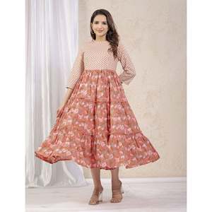 Vestido Anarkali de Algodón Estampado Color Durazno, Salwar Kameez Étnico Indio, Tela de Georgette Pesada, Estilo Pakistaní, Prendas de Fiesta Cosidas - Product Image 6