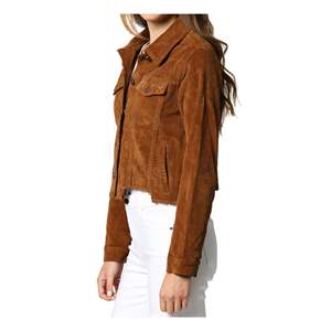 Women's Cropped Corduroy Trucker <b>Jacket</b> Hidden Satin Fabric Gold Brown Size M Autumn Season Bomber Style <b>Sequins</b> Custom - Product Image 2