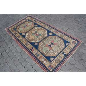 พรมตุรกีขนาด 3.37x6.3 ฟุต, พรมวินเทจลายจุดสีน้ำเงินแดง, พรมขนสัตว์ลายจุดสีน้ำเงินแดง - Product Image 2