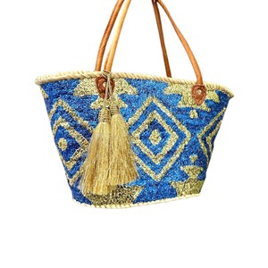 <b>Blue</b> Gold <b>Sequin</b> Straw Beach Bag Woven Tote Handbag with Leather Handles Tassel for Women - Product Image 2