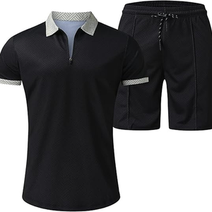 Custom Men's 2 Piece Casual Outfit Set Short Sleeve Zipper Polo Shirt & Shorts Summer Tracksuit in Multiple Colors - Product Image 1